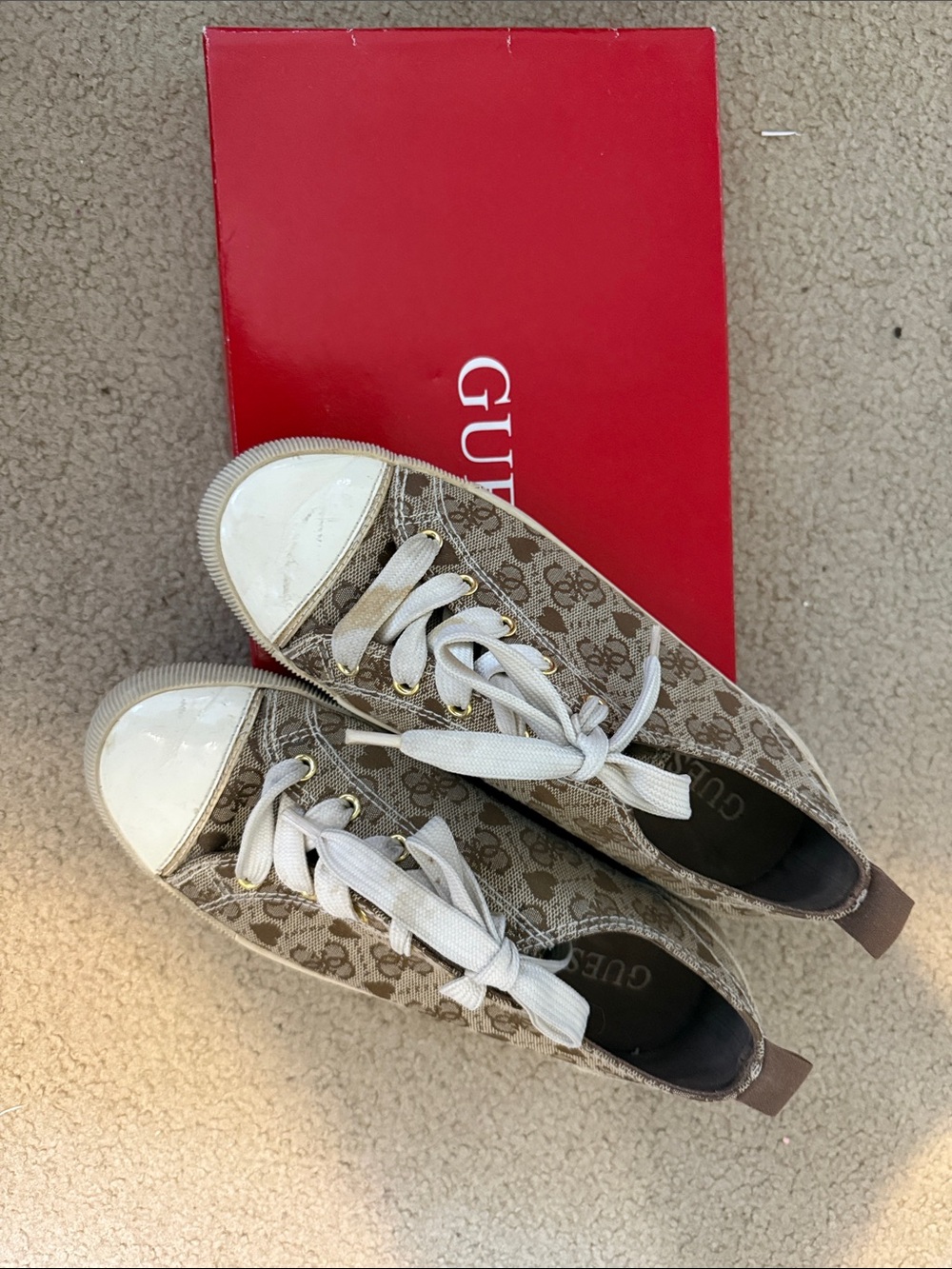Guess Beige Monogram Canvas Sneakers with White Patent Toecap